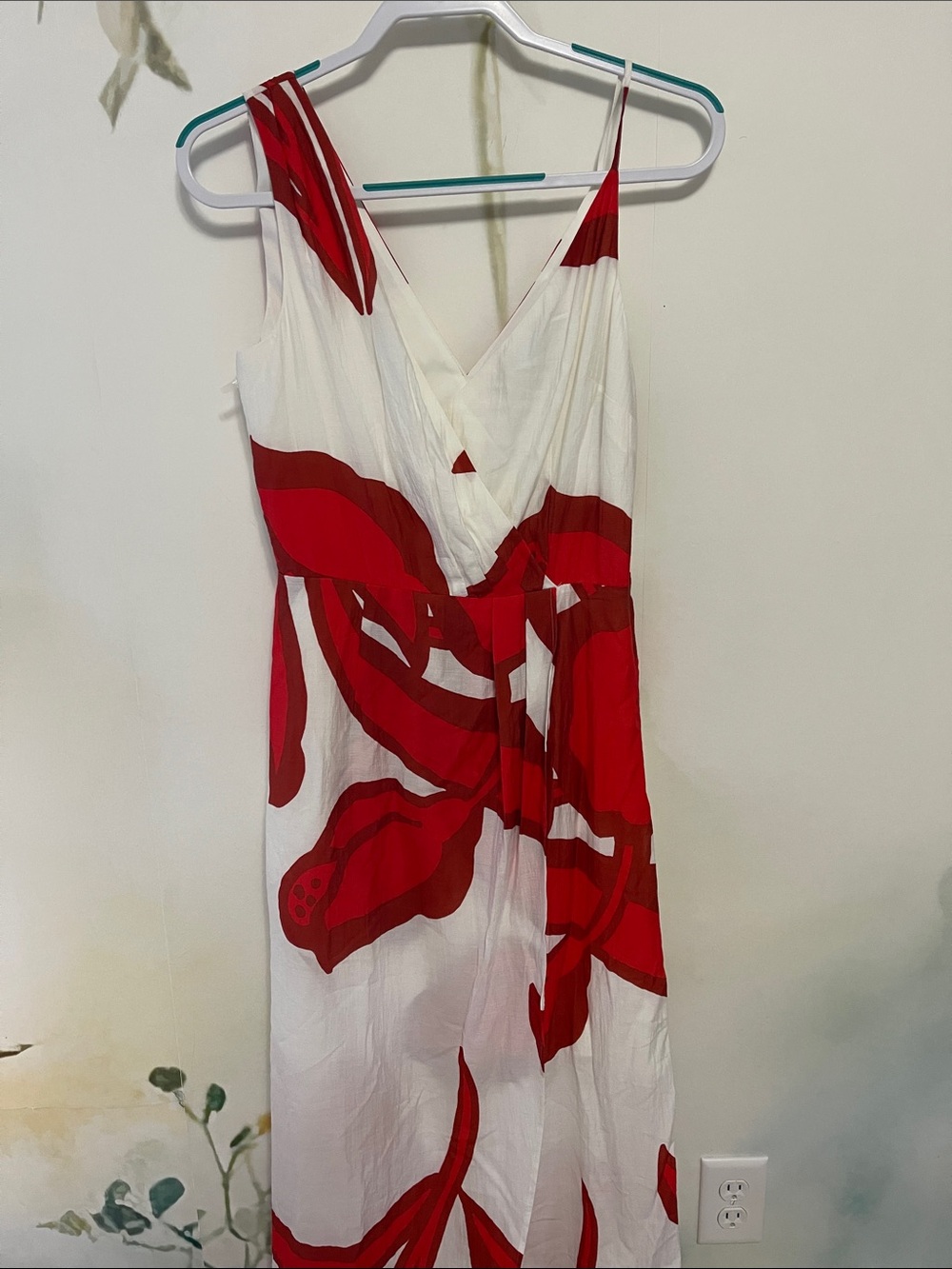 White House Black Market Asymmetric Red and White Floral Wrap Maxi Dress - Picture 14 of 16